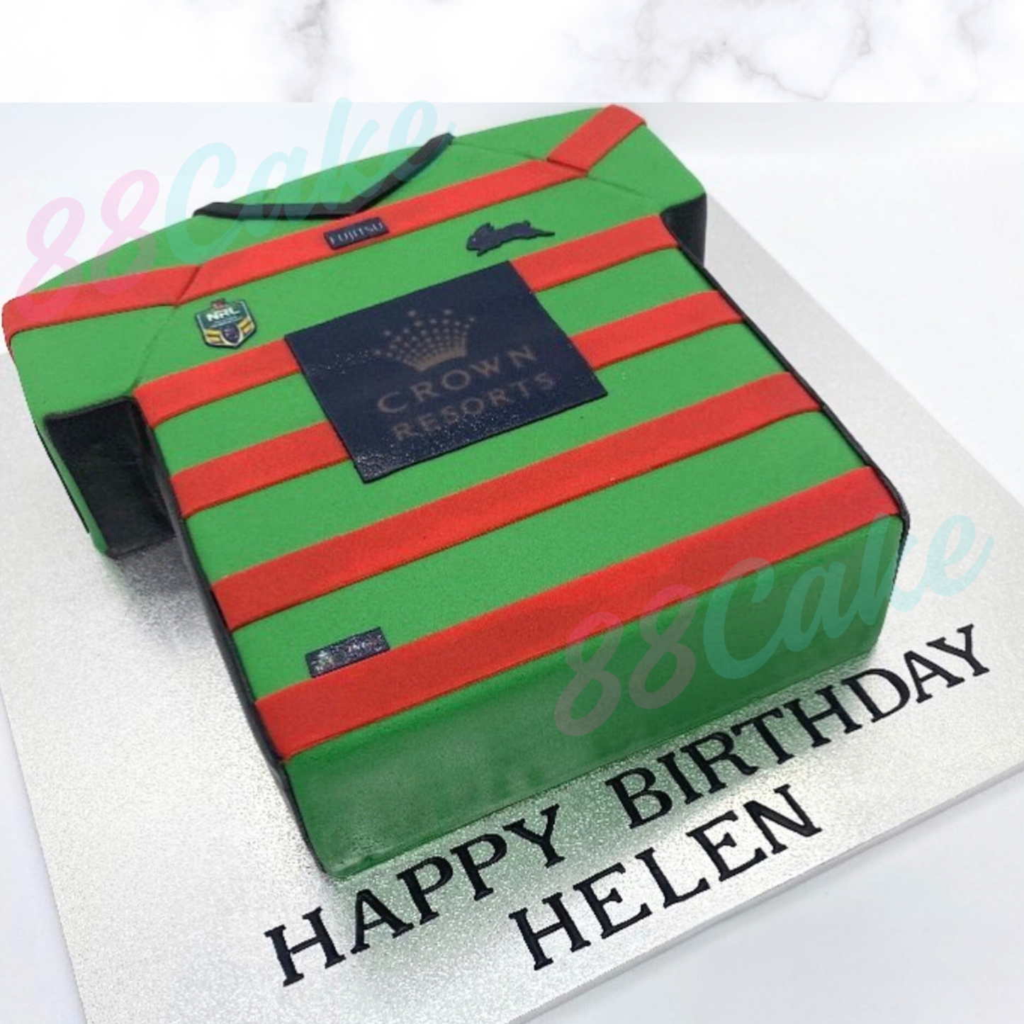 Rabbitohs cake shaped like a rugby jersey