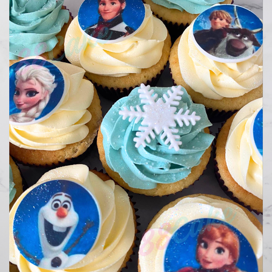 Cupcakes decorated with Frozen-themed images and characters