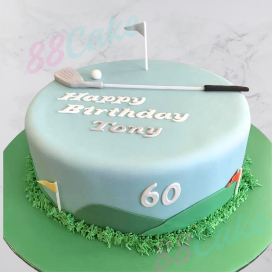 Golf-themed birthday cake with 'Happy Birthday Tony'