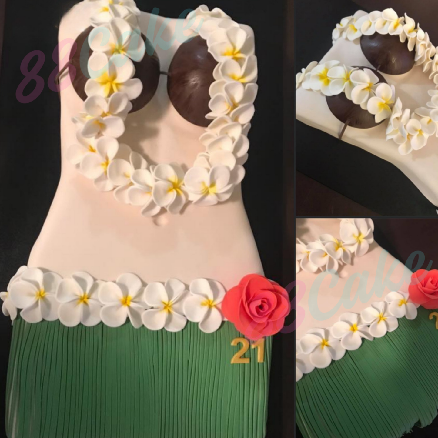 A cake shaped like a woman’s body wearing Hawaiian clothing 