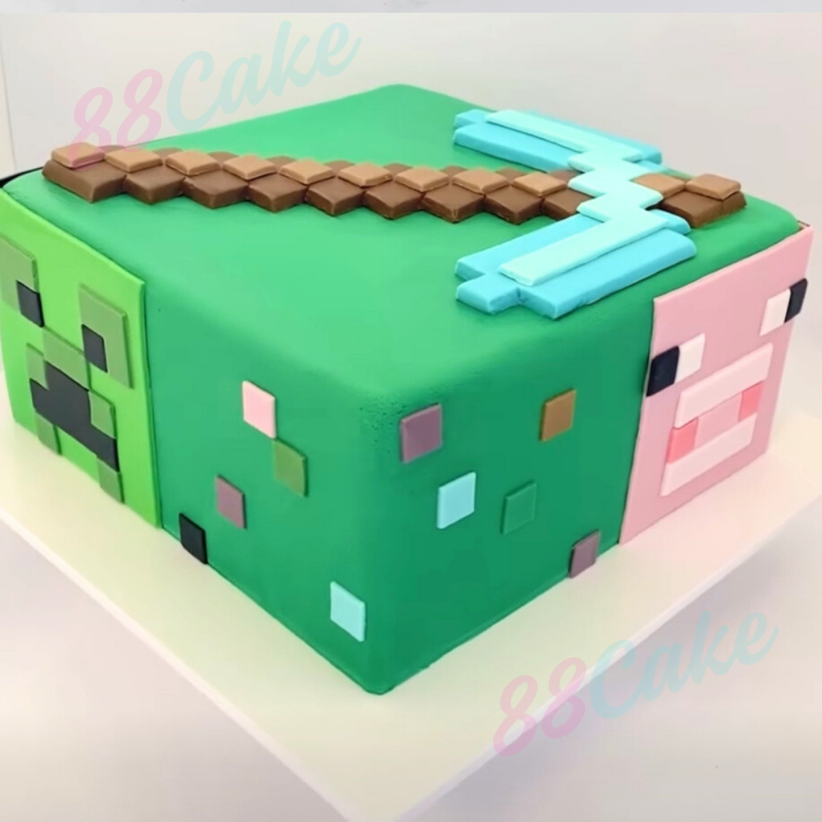 Minecraft-themed cake with creeper, pig and diamond pick axe 
