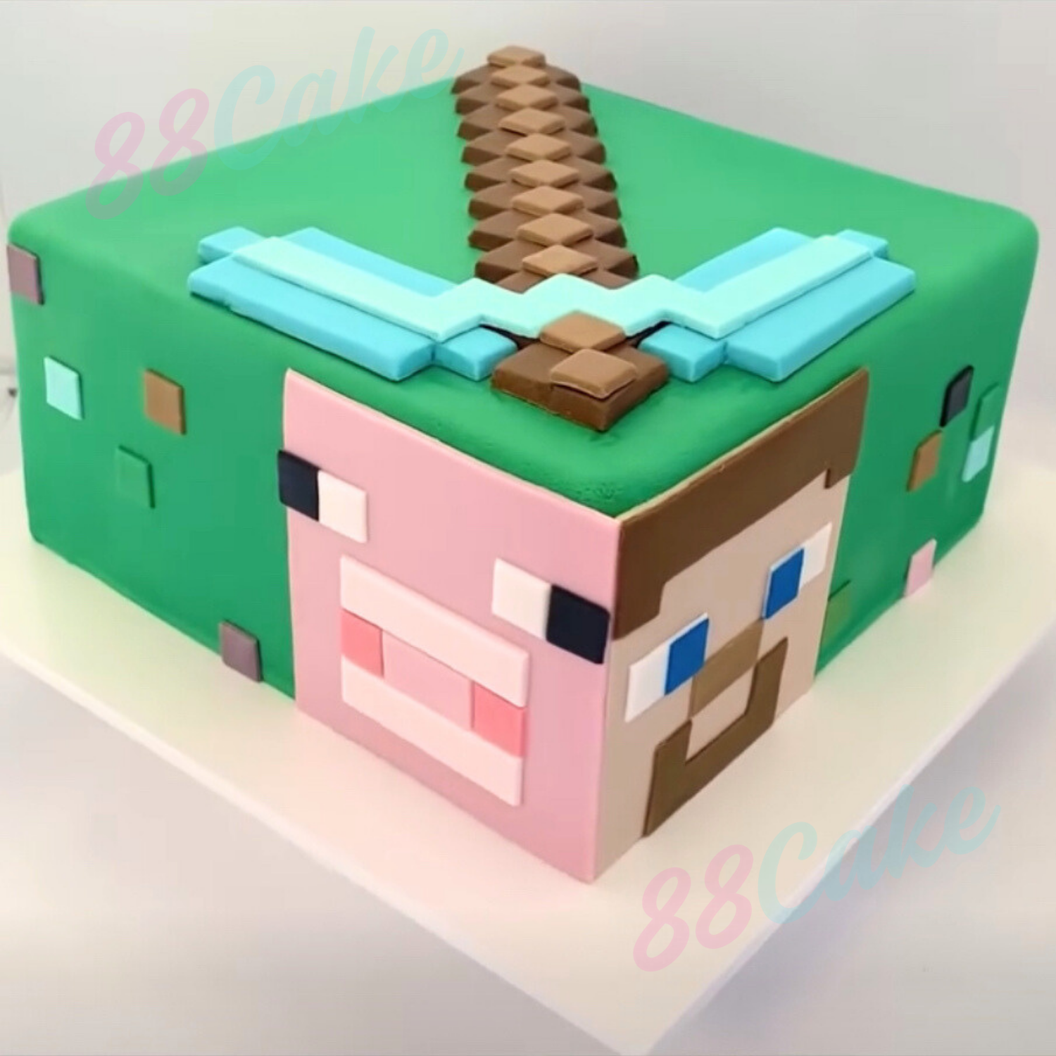 Square Minecraft cake with Steve and pig with a diamond pick axe