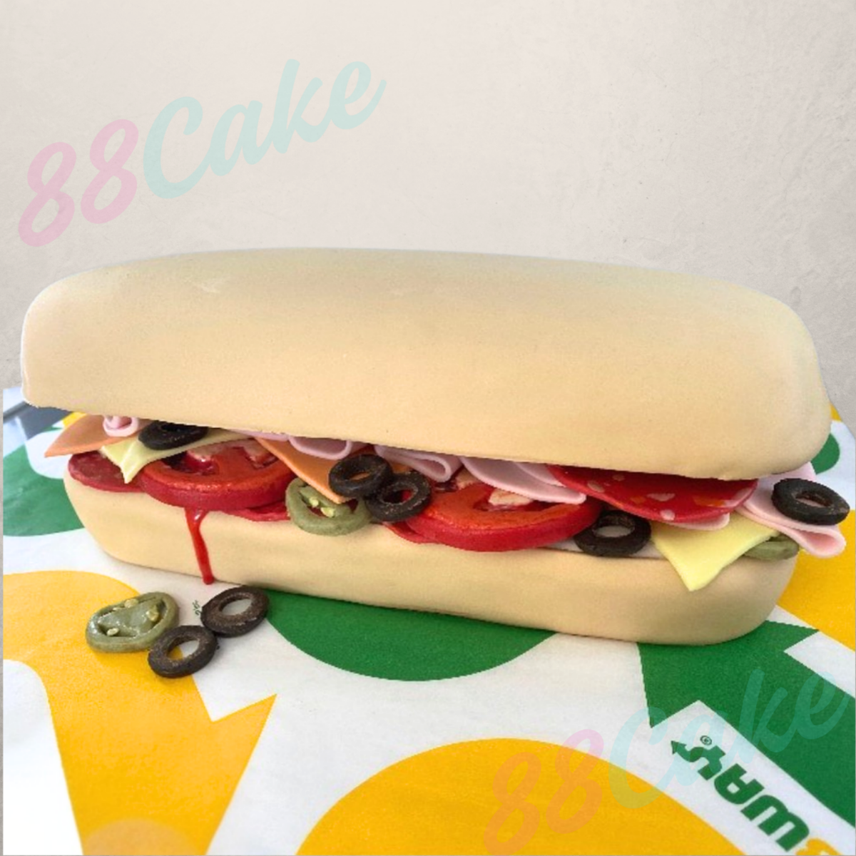Subway Sandwich shaped cake with realistic meat and vegetable filling